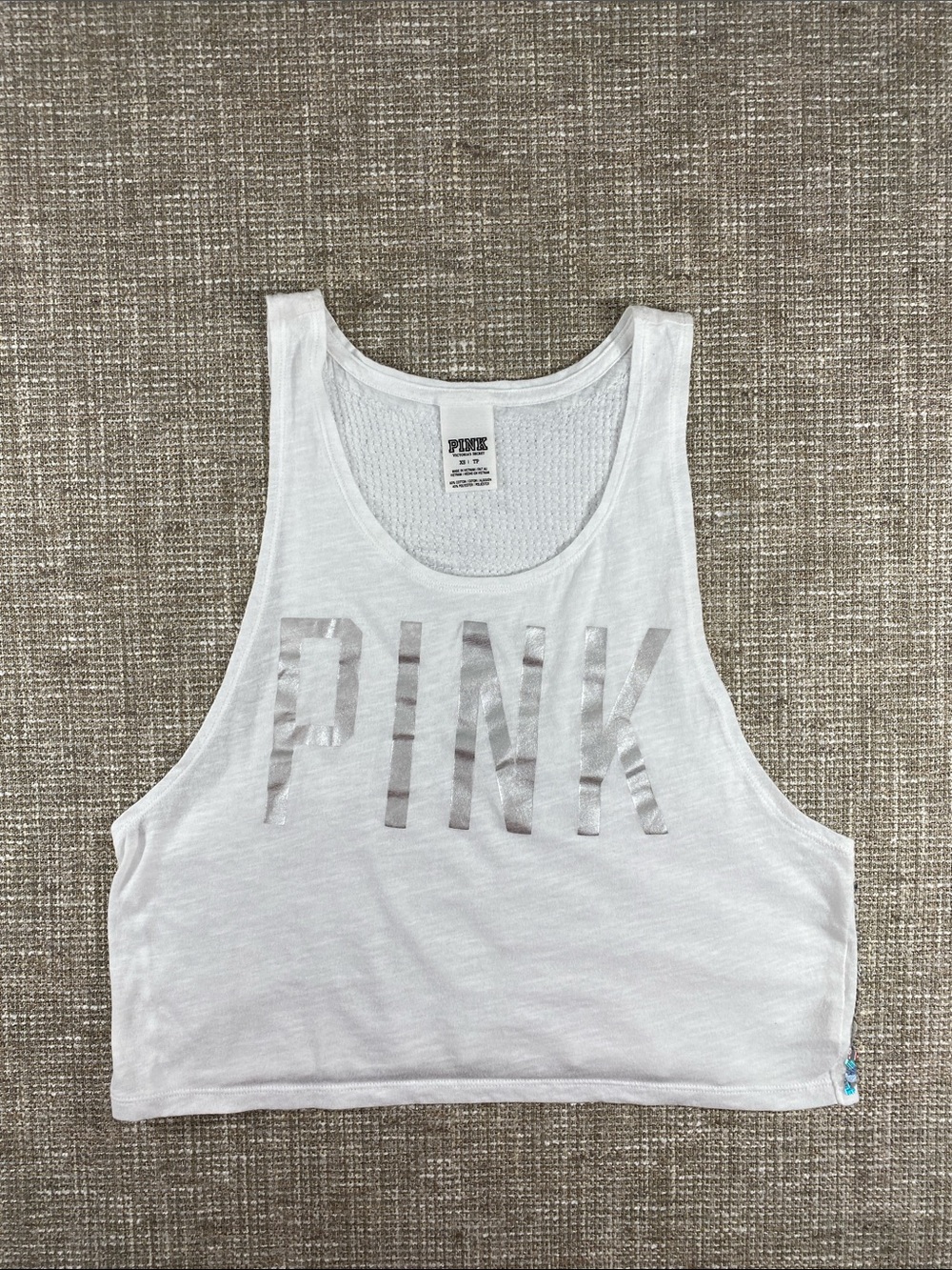 PINK Victoria's Secret White Cropped Tank with Metallic Logo